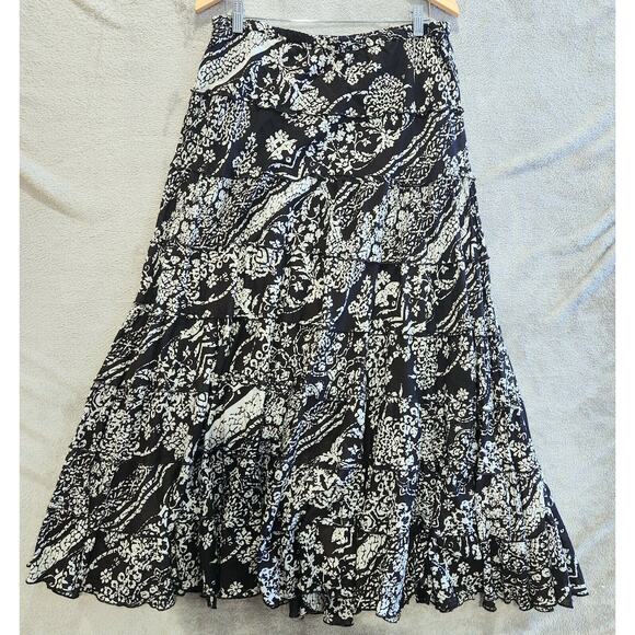 Bila Womens Black White Floral Tiered Maxi Skirt Size Large Cottagecore Boho - Picture 1 of 10